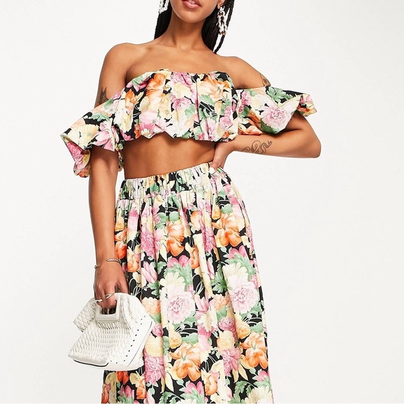 NWT ASOS EDITION LUXE curve EDITION Floral off shoulder puff sleeve dark floral - Picture 2 of 12